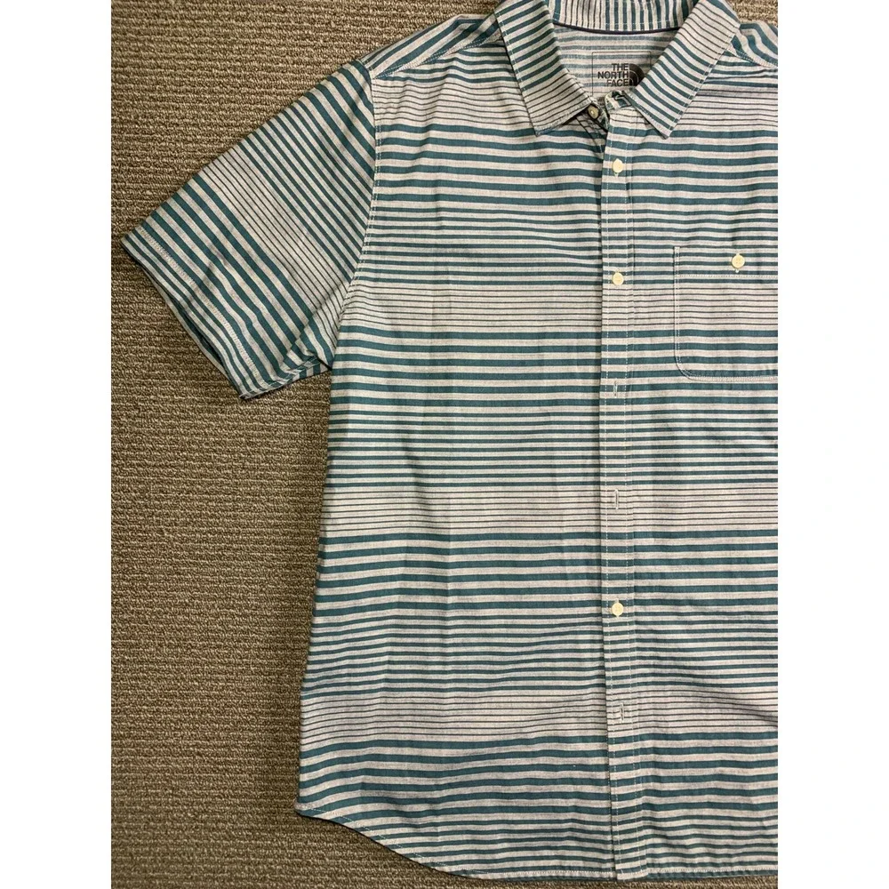The North Face Shirt Mens Size XLarge Blue Gray Stripe Short Sleeve Button Up